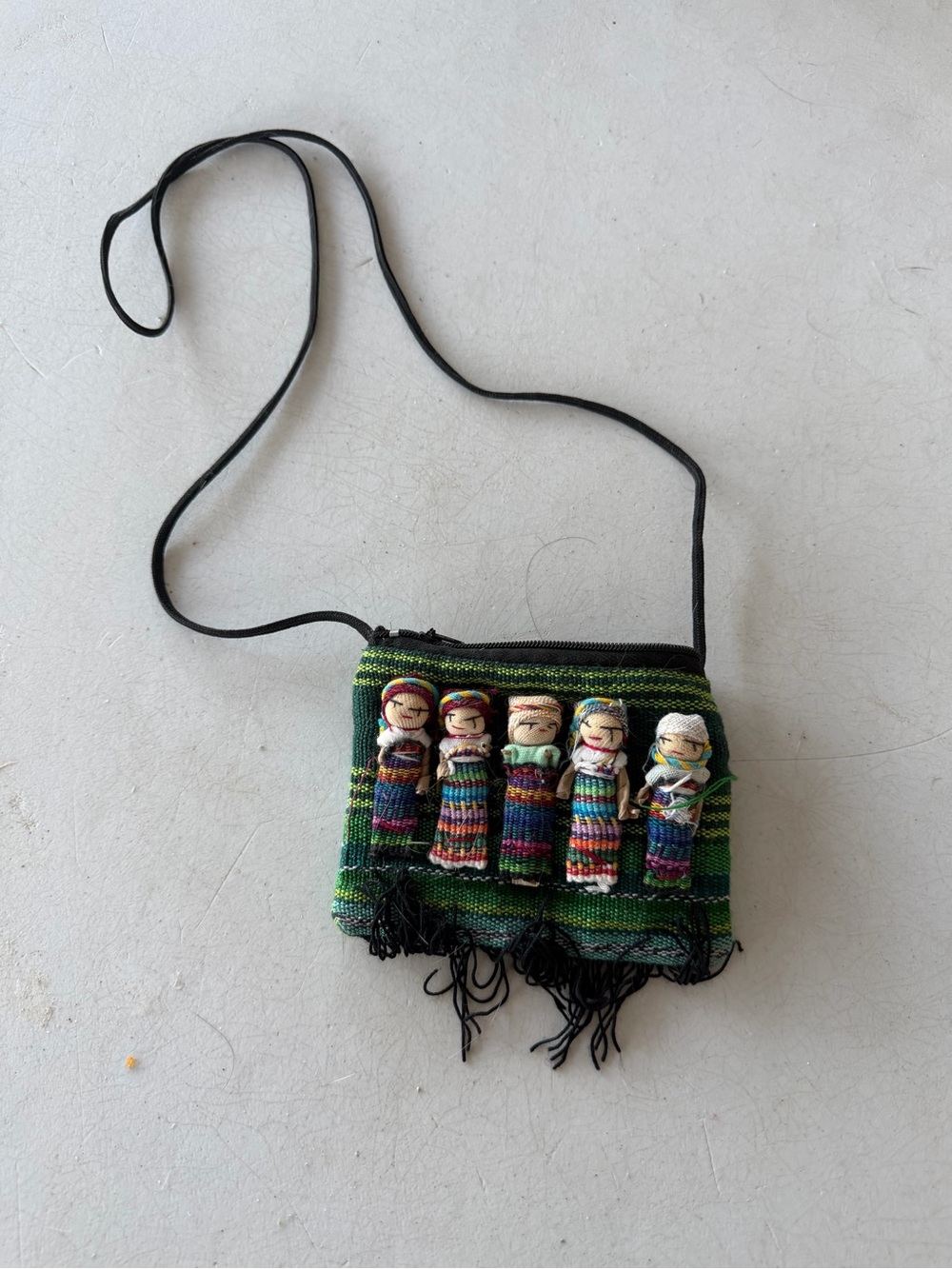 Vintage Handwoven Green Mini Crossbody Bag with Worry Doll Accents